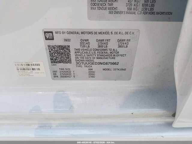 Продаж на аукціоні авто 2022 Gmc Sierra 1500 4wd  Short Box Denali, vin: 3GTUUGED3NG675662, номер лоту: 45526148