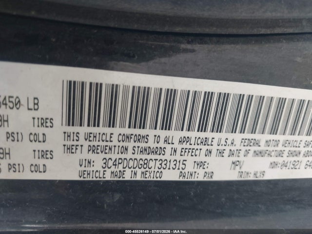 45526149 :رقم المزاد ، 3C4PDCDG8CT331315 vin ، 2012 Dodge Journey Crew مزاد بيع
