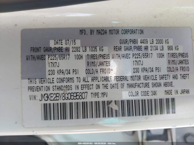 Aukcja sprzedaży 2016 Mazda Cx-5 Sport, vin: JM3KE2BY8G0695807, numer aukcji: 45526163