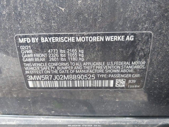 45526166 :رقم المزاد ، 3MW5R7J02M8B90525 vin ، 2021 Bmw 330i Xdrive مزاد بيع