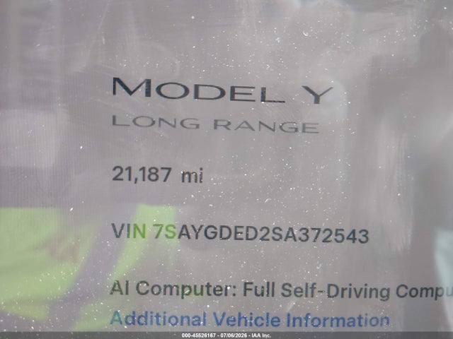 7SAYGDED2SA372543 Tesla Model Y Long Range Dual Motor Rear-wheel Drive