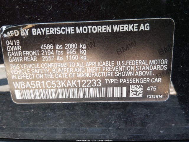 Aukcja sprzedaży 2019 Bmw 330i, vin: WBA5R1C53KAK12233, numer aukcji: 45526222