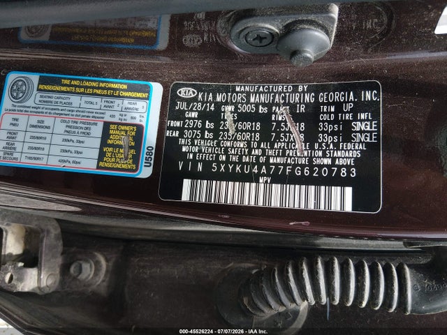 45526224 :رقم المزاد ، 5XYKU4A77FG620783 vin ، 2015 Kia Sorento Ex V6 مزاد بيع