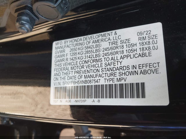 Aukcja sprzedaży 2022 Honda Pilot Awd Ex-l, vin: 5FNYF6H5XNB087547, numer aukcji: 45526233