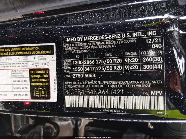 45526239 :رقم المزاد ، 4JGFB4JB4NA641421 vin ، 2022 Mercedes-benz Gle 350 مزاد بيع