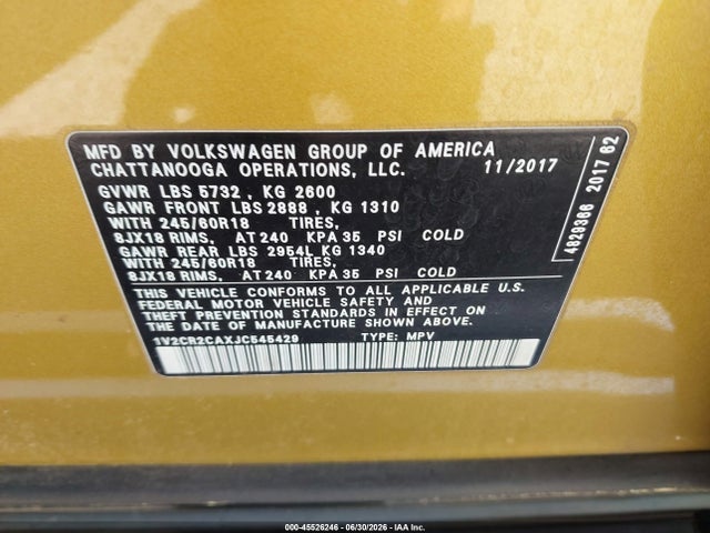 1V2CR2CAXJC545429 Volkswagen Atlas 3.6l V6 Se