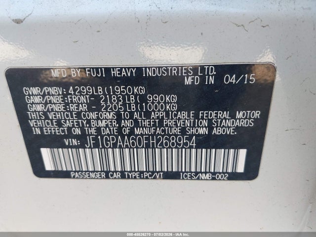 Продаж на аукціоні авто 2015 Subaru Impreza 2.0i, vin: JF1GPAA60FH268954, номер лоту: 45526270