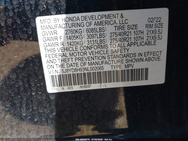 2022 Acura Mdx Type S მანქანა იყიდება აუქციონზე, vin: 5J8YD8H93NL002065, აუქციონის ნომერი: 45526278