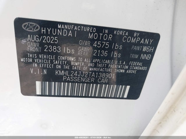 Auction sale of the 2026 Hyundai Sonata Hybrid Blue, vin: KMHL24JJ2TA138901, lot number: 45526281