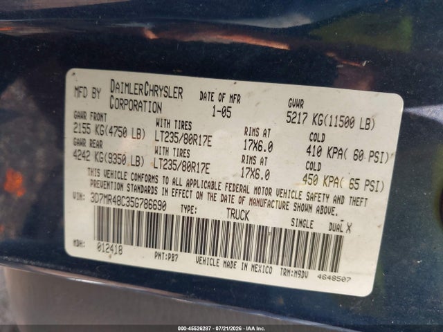 Aukcja sprzedaży 2005 Dodge Ram 3500 Slt/laramie, vin: 3D7MR48C35G786690, numer aukcji: 45526287