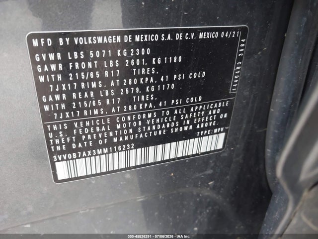 45526291 :رقم المزاد ، 3VV0B7AX3MM116232 vin ، 2021 Volkswagen Tiguan 2.0t S مزاد بيع