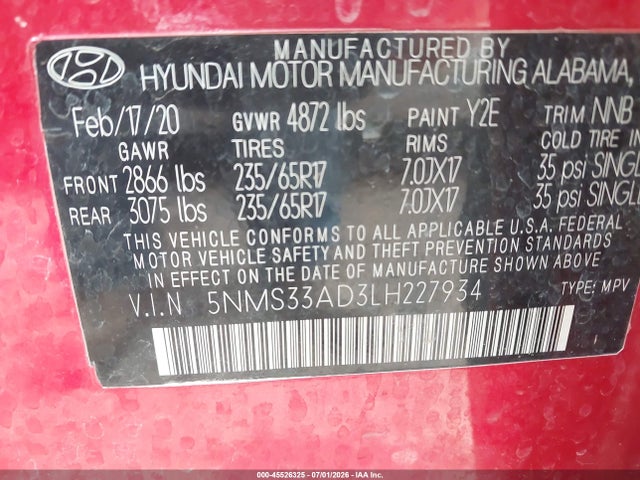 Aukcja sprzedaży 2020 Hyundai Santa Fe Sel/sel Plus, vin: 5NMS33AD3LH227934, numer aukcji: 45526325