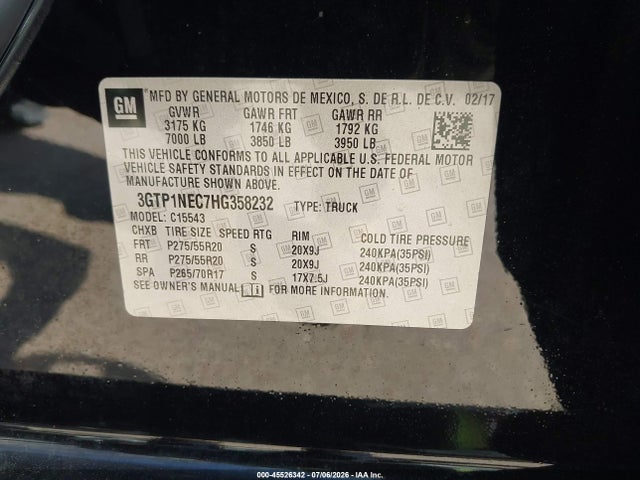 Aukcja sprzedaży 2017 Gmc Sierra 1500 Slt, vin: 3GTP1NEC7HG358232, numer aukcji: 45526342