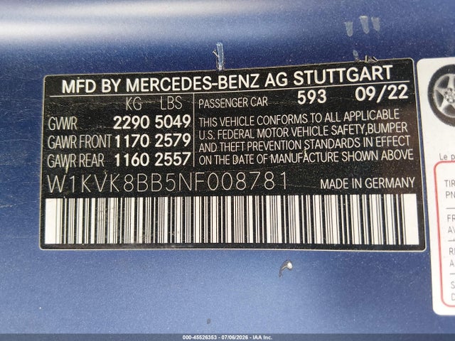 Aukcja sprzedaży 2022 Mercedes-benz Amg Sl 63 4matic, vin: W1KVK8BB5NF008781, numer aukcji: 45526353