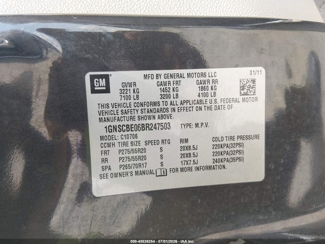 45526354 :رقم المزاد ، 1GNSCBE06BR247503 vin ، 2011 Chevrolet Tahoe Lt مزاد بيع