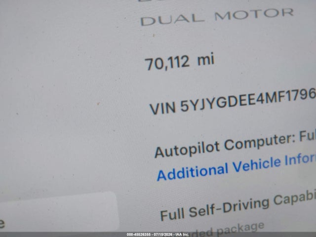 2021 Tesla Model Y Long Range Dual Motor All-wheel Drive მანქანა იყიდება აუქციონზე, vin: 5YJYGDEE4MF179600, აუქციონის ნომერი: 45526355