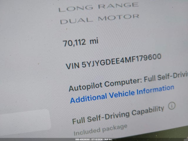 2021 Tesla Model Y Long Range Dual Motor All-wheel Drive მანქანა იყიდება აუქციონზე, vin: 5YJYGDEE4MF179600, აუქციონის ნომერი: 45526355