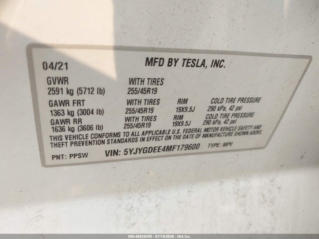 2021 Tesla Model Y Long Range Dual Motor All-wheel Drive მანქანა იყიდება აუქციონზე, vin: 5YJYGDEE4MF179600, აუქციონის ნომერი: 45526355