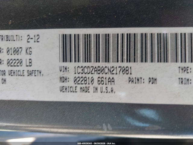 45526363 :رقم المزاد ، 1C3CDZAB0CN217081 vin ، 2012 Dodge Avenger Se مزاد بيع