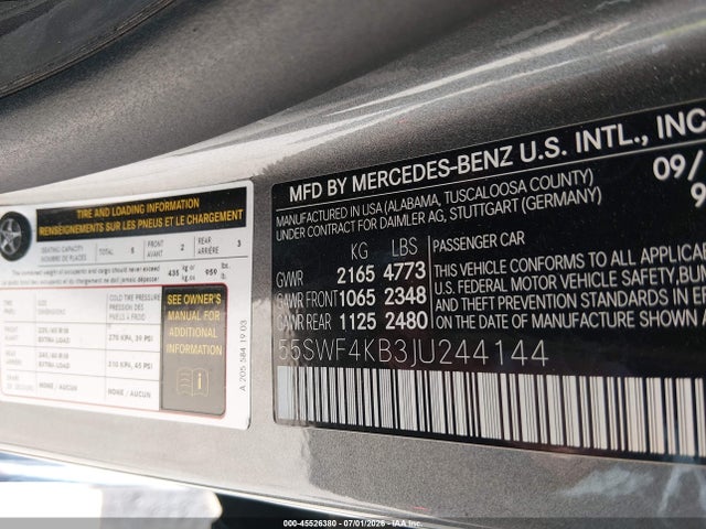 45526380 :رقم المزاد ، 55SWF4KB3JU244144 vin ، 2018 Mercedes-benz C 300 4matic مزاد بيع
