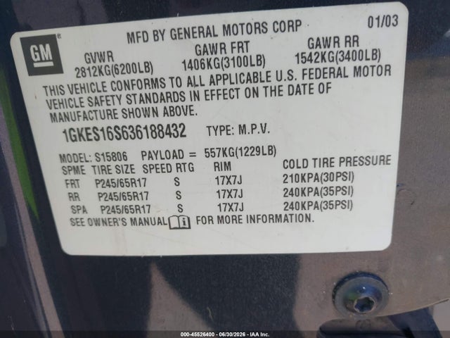 Aukcja sprzedaży 2003 Gmc Envoy Xl Slt, vin: 1GKES16S636188432, numer aukcji: 45526400
