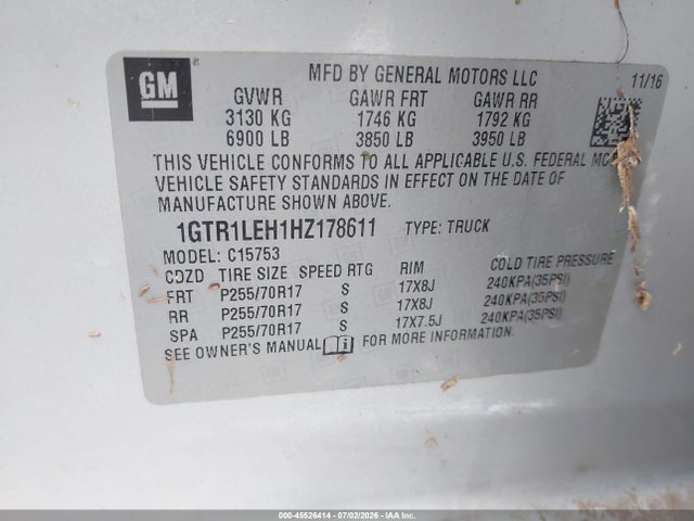 45526414 :رقم المزاد ، 1GTR1LEH1HZ178611 vin ، 2017 Gmc Sierra 1500 مزاد بيع