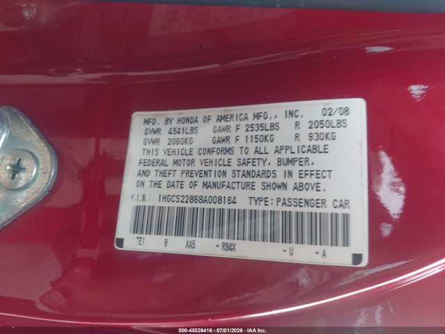 Aukcja sprzedaży 2008 Honda Accord 3.5 Ex-l, vin: 1HGCS22868A008164, numer aukcji: 45526416