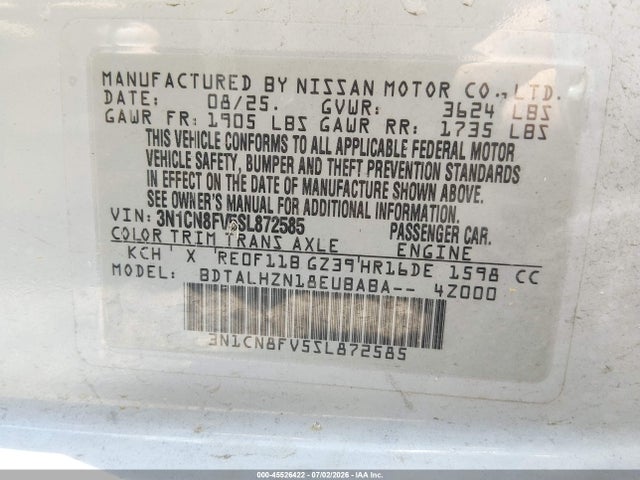 45526422 :رقم المزاد ، 3N1CN8FV5SL872585 vin ، 2025 Nissan Versa 1.6 Sr مزاد بيع