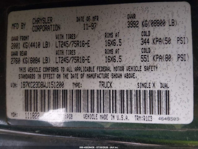 Продажа на аукционе авто 1998 Dodge Ram 2500 St, vin: 1B7KC23D8WJ151200, номер лота: 45526426