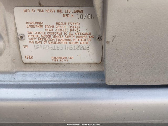 Aukcja sprzedaży 2007 Subaru Impreza 2.5i, vin: JF1GD61637H512202, numer aukcji: 45526430