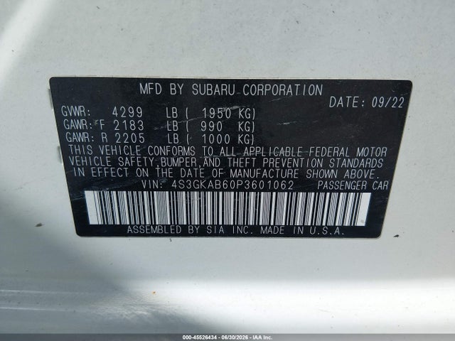 2023 Subaru Impreza Base მანქანა იყიდება აუქციონზე, vin: 4S3GKAB60P3601062, აუქციონის ნომერი: 45526434