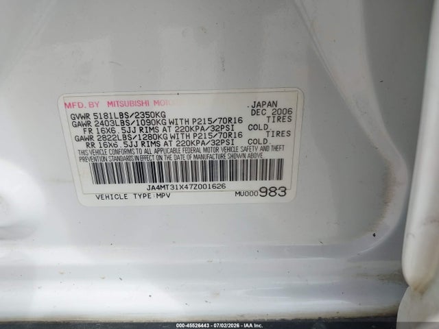 Aukcja sprzedaży 2007 Mitsubishi Outlander Ls, vin: JA4MT31X47Z001626, numer aukcji: 45526443