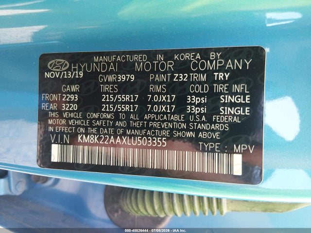 Продажа на аукционе авто 2020 Hyundai Kona Sel, vin: KM8K22AAXLU503355, номер лота: 45526444