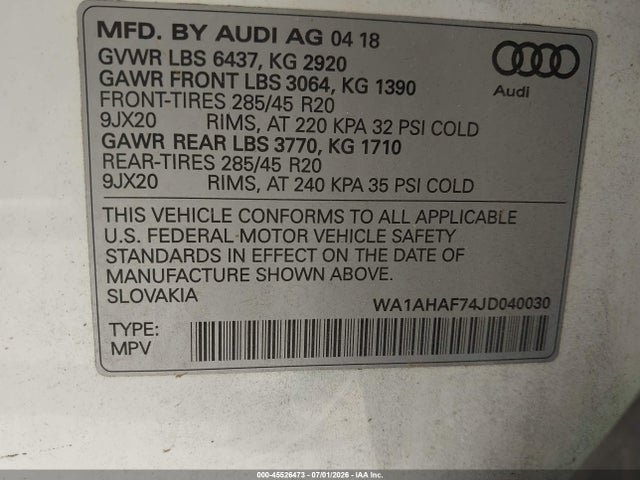 Aukcja sprzedaży 2018 Audi Q7 2.0t Premium, vin: WA1AHAF74JD040030, numer aukcji: 45526473