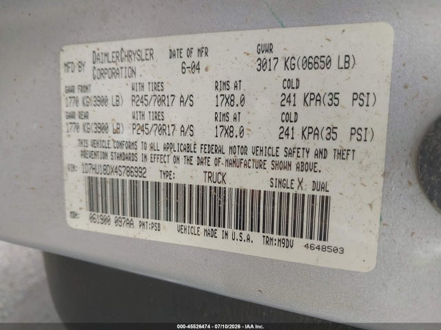 Aukcja sprzedaży 2004 Dodge Ram 1500 Slt/laramie, vin: 1D7HU18DX4S786992, numer aukcji: 45526474