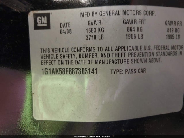 Продаж на аукціоні авто 2008 Chevrolet Cobalt Ls, vin: 1G1AK58F887303141, номер лоту: 45526478