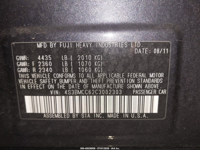 Продаж на аукціоні авто 2012 Subaru Legacy 2.5i Premium, vin: 4S3BMCC62C3002303, номер лоту: 45526506