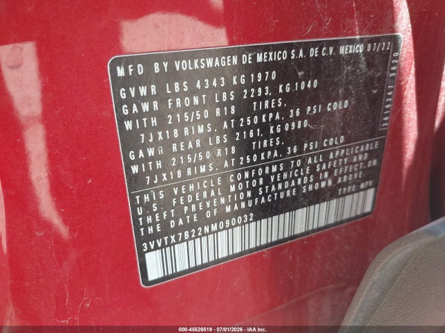 45526519 :رقم المزاد ، 3VVTX7B22NM090032 vin ، 2022 Volkswagen Taos 1.5t Se مزاد بيع