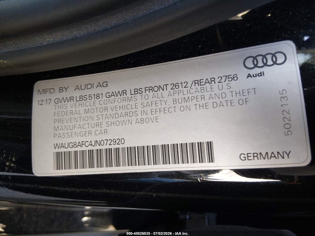 Aukcja sprzedaży 2018 Audi A6 2.0t Premium Plus, vin: WAUG8AFC4JN072920, numer aukcji: 45526535