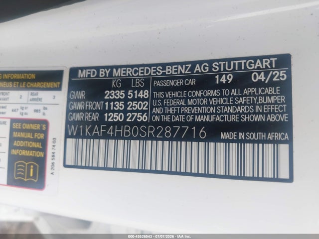 2025 Mercedes-benz C 300 მანქანა იყიდება აუქციონზე, vin: W1KAF4HB0SR287716, აუქციონის ნომერი: 45526543