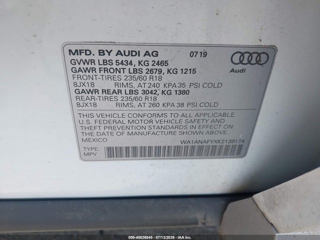 Aukcja sprzedaży 2019 Audi Q5 45 Premium, vin: WA1ANAFYXK2139174, numer aukcji: 45526545