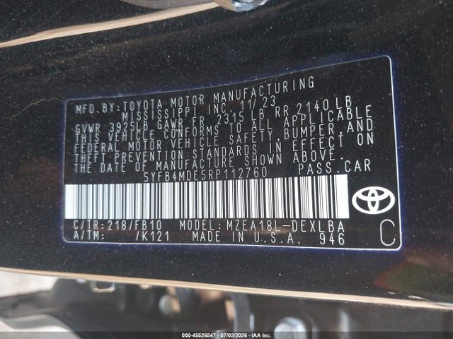 2024 Toyota Corolla Le მანქანა იყიდება აუქციონზე, vin: 5YFB4MDE5RP112760, აუქციონის ნომერი: 45526547