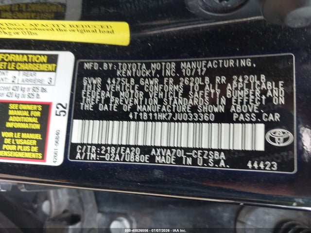 45526556 :رقم المزاد ، 4T1B11HK7JU033360 vin ، 2018 Toyota Camry Se مزاد بيع