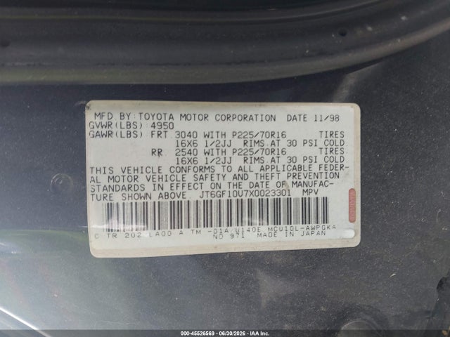 Aukcja sprzedaży 1999 Lexus Rx 300, vin: JT6GF10U7X0023301, numer aukcji: 45526569