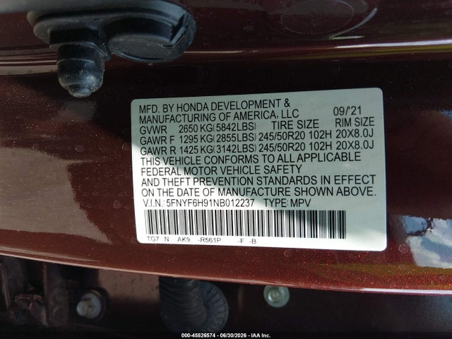 Продажа на аукционе авто 2022 Honda Pilot Awd Touring 8 Passenger, vin: 5FNYF6H91NB012237, номер лота: 45526574
