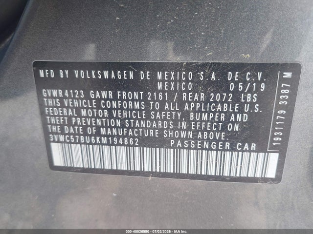 Продажа на аукционе авто 2019 Volkswagen Jetta 1.4t R-line/1.4t S/1.4t Se, vin: 3VWC57BU6KM194862, номер лота: 45526580