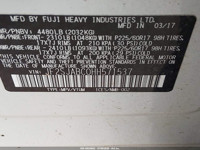 Aukcja sprzedaży 2017 Subaru Forester 2.5i, vin: JF2SJABC0HH571537, numer aukcji: 45526582