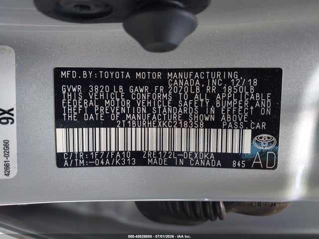 Продаж на аукціоні авто 2019 Toyota Corolla L, vin: 2T1BURHEXKC218358, номер лоту: 45526585