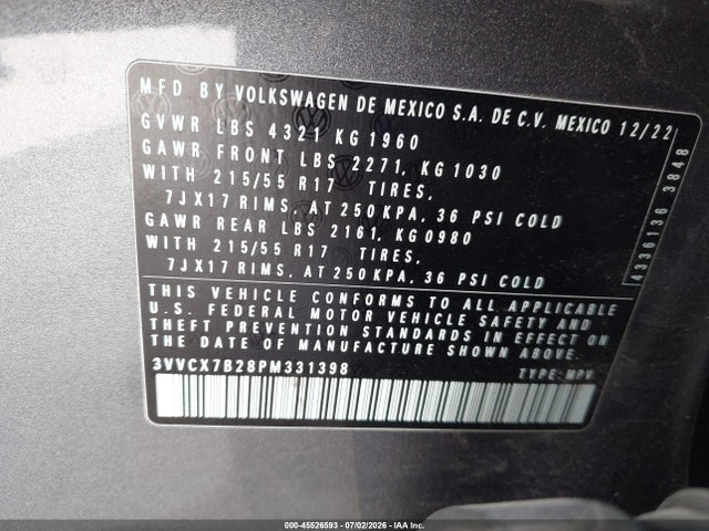 2023 Volkswagen Taos 1.5t S მანქანა იყიდება აუქციონზე, vin: 3VVCX7B28PM331398, აუქციონის ნომერი: 45526593