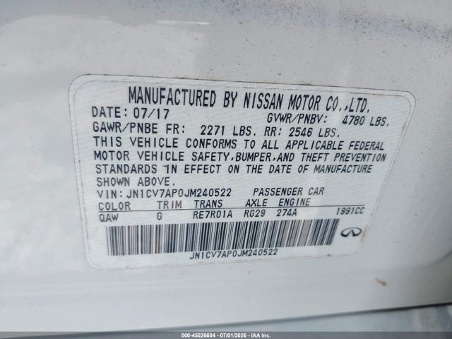 Aukcja sprzedaży 2018 Infiniti Q50 2.0t Pure, vin: JN1CV7AP0JM240522, numer aukcji: 45526604